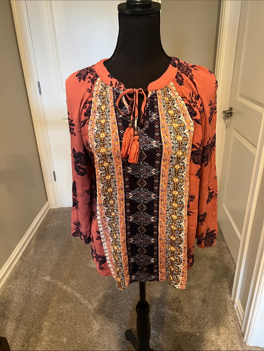 Rust Multi-Panel Boho Tassel Tunic Top